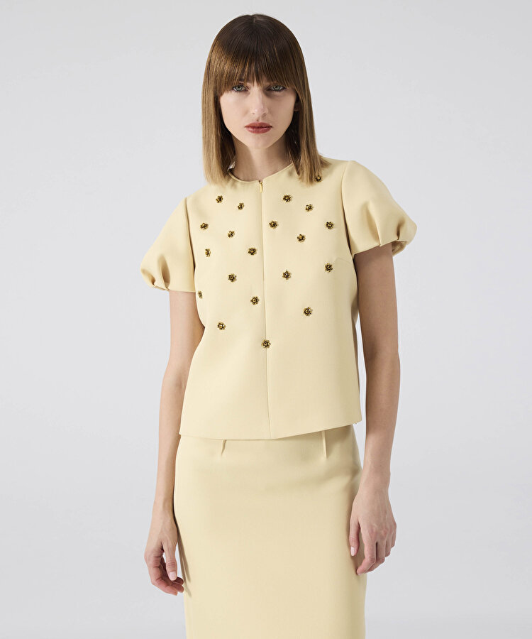 İşlemeli balon kol bluz