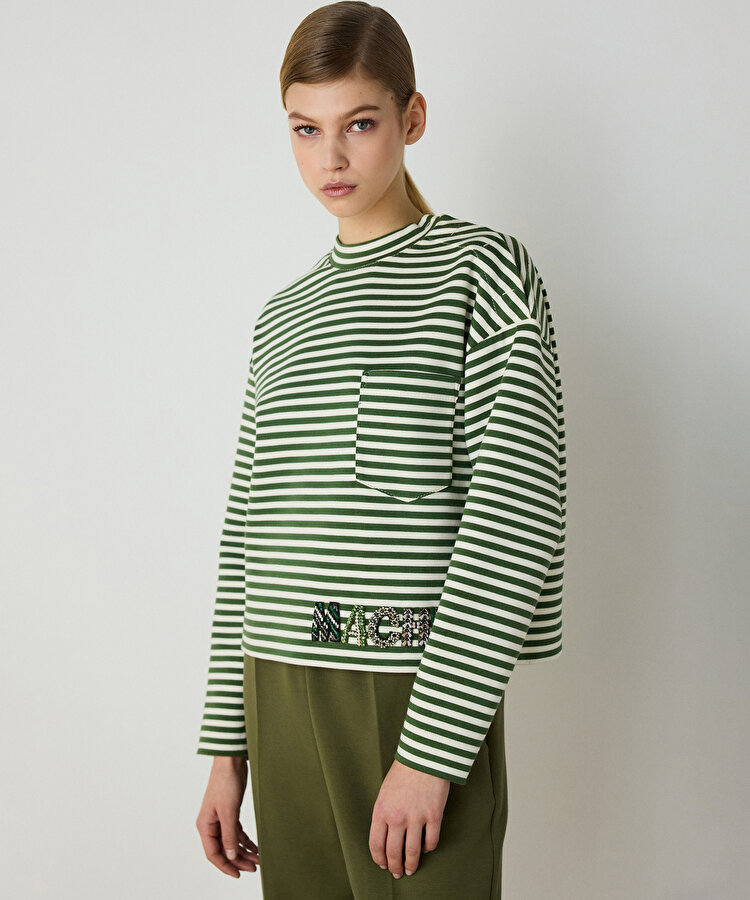 Logo işlemeli çizgili tişört