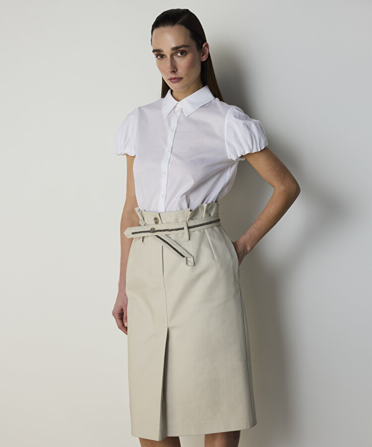 İŞLEMELİ KUŞAKLI GABARDİN ETEK