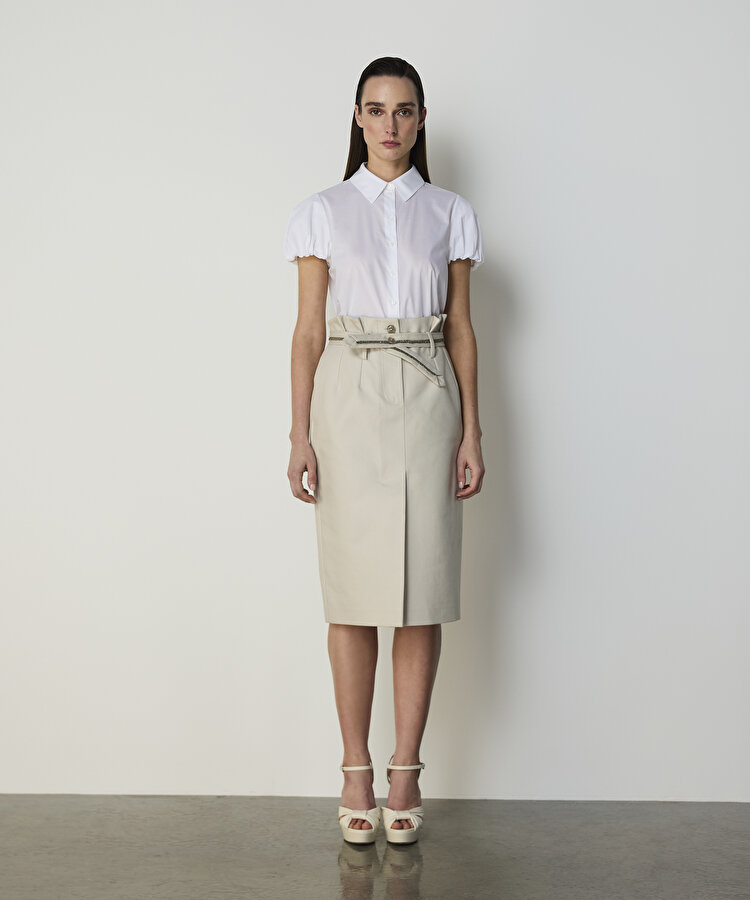 İŞLEMELİ KUŞAKLI GABARDİN ETEK