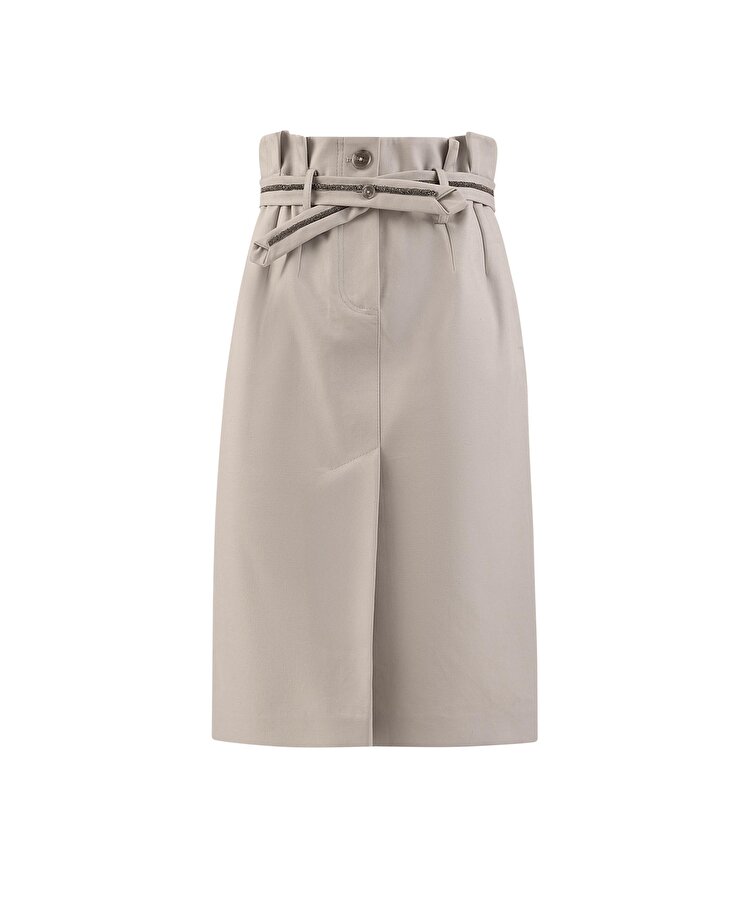 İŞLEMELİ KUŞAKLI GABARDİN ETEK