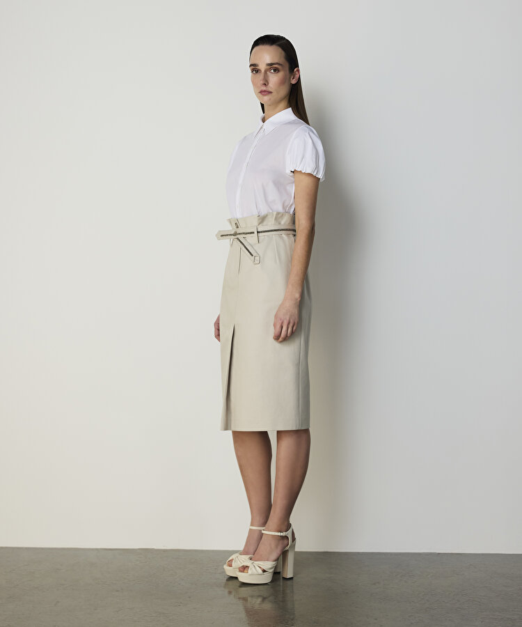 İŞLEMELİ KUŞAKLI GABARDİN ETEK