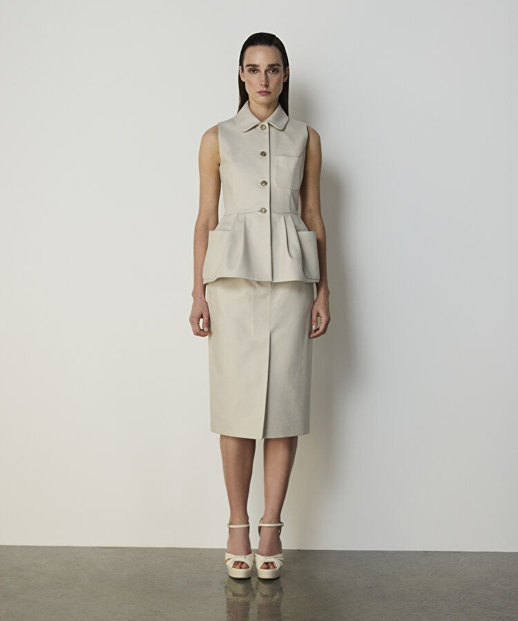 İŞLEMELİ KUŞAKLI GABARDİN ETEK