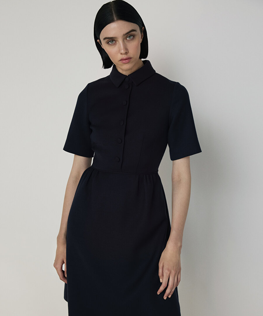 YÜN KARIŞIMLI GÖMLEK YAKA ELBİSE