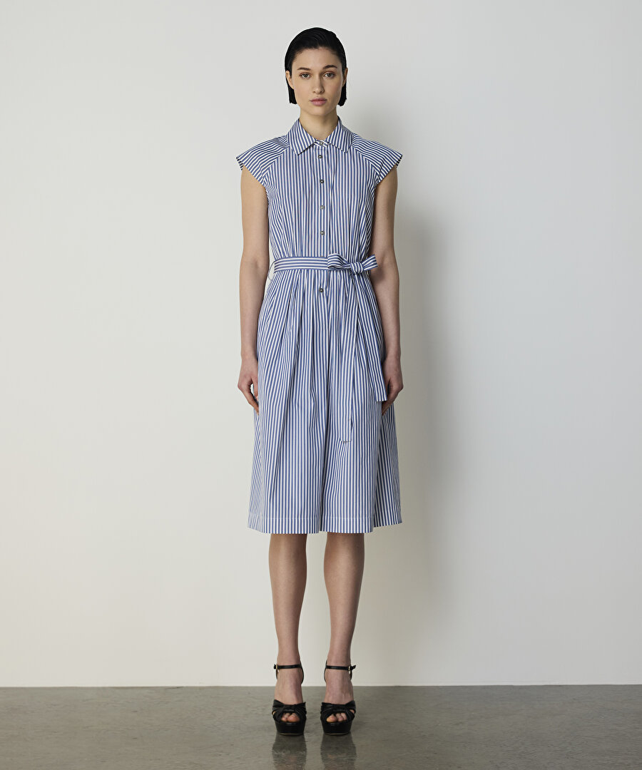 ÇİZGİ DESEN KUŞAKLI ELBİSE