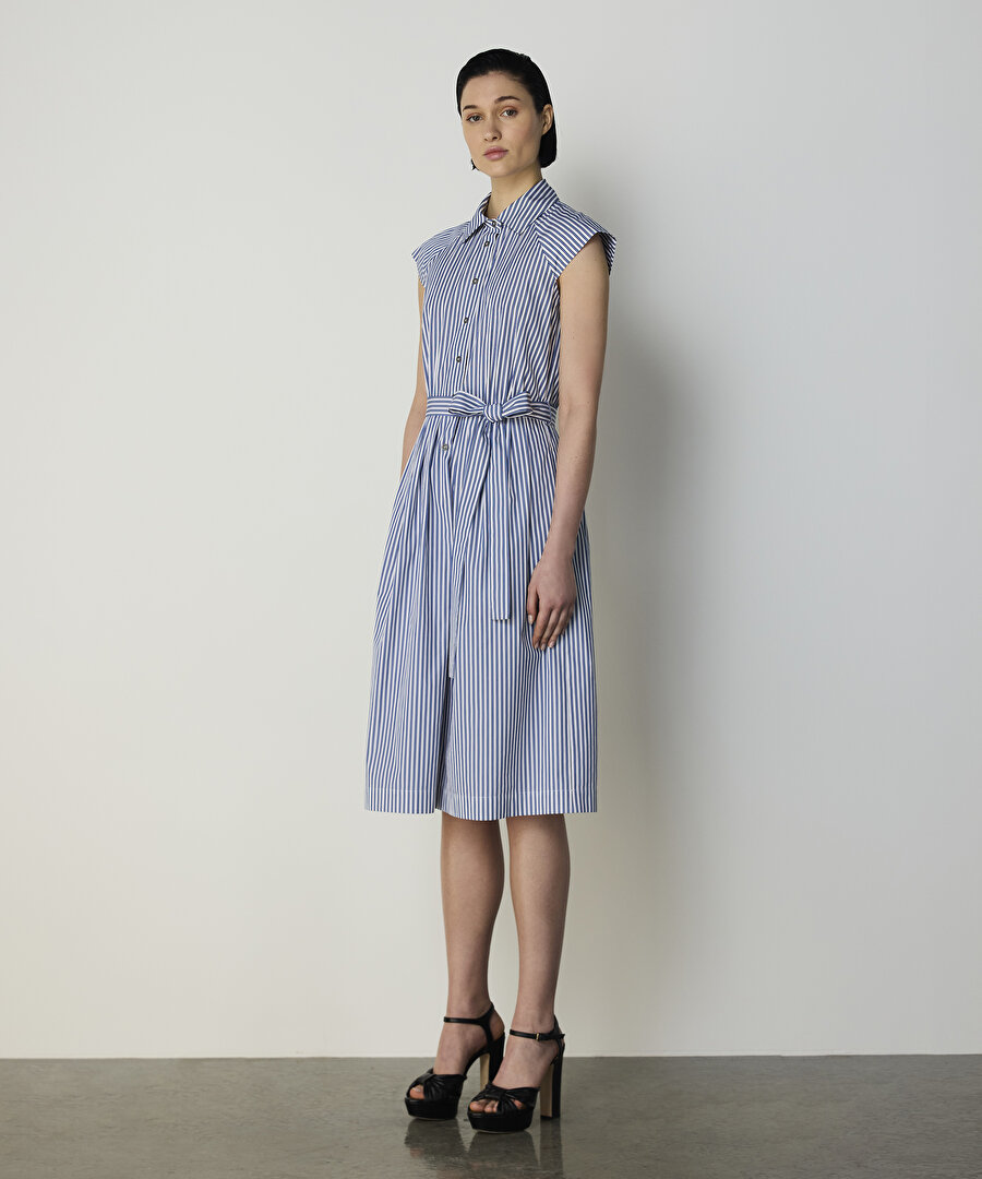 ÇİZGİ DESEN KUŞAKLI ELBİSE