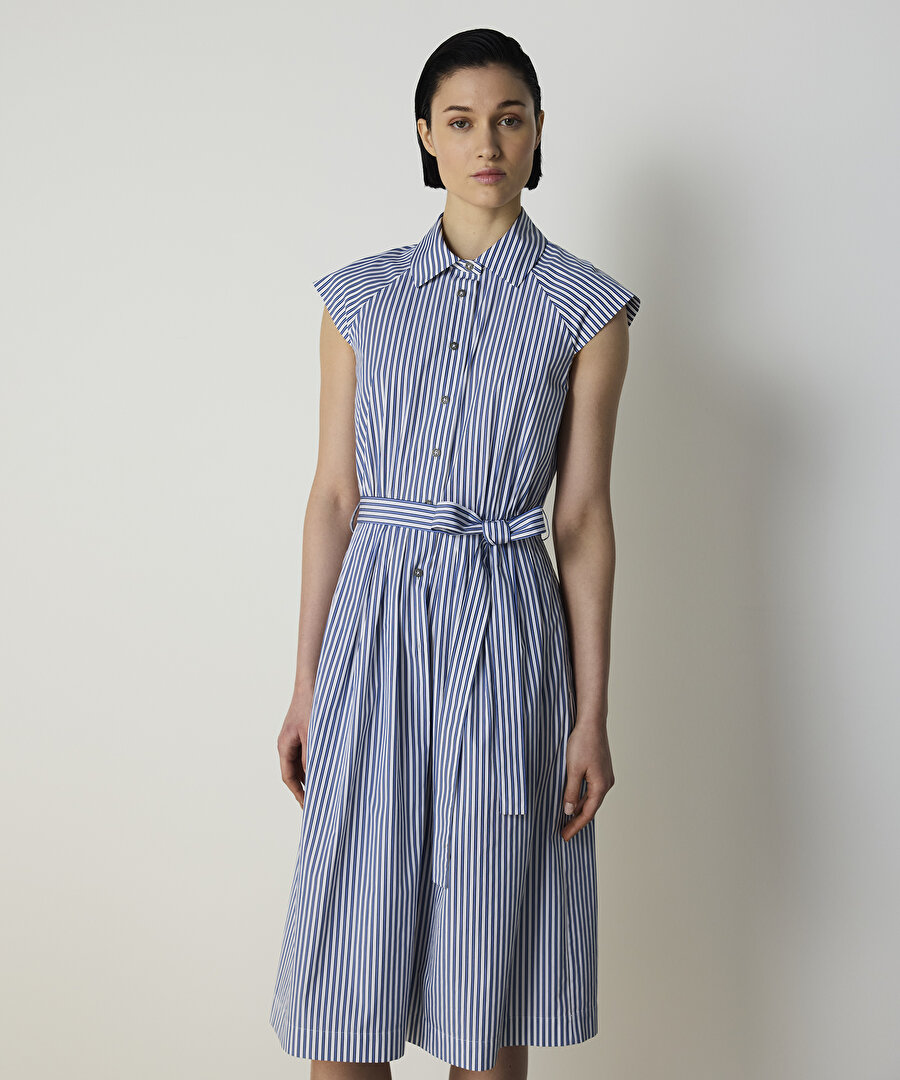 ÇİZGİ DESEN KUŞAKLI ELBİSE