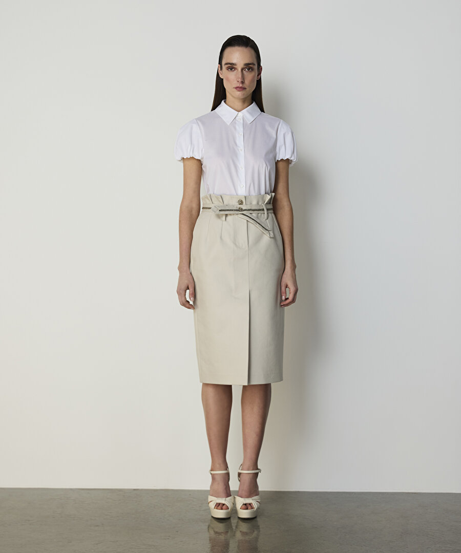 İŞLEMELİ KUŞAKLI GABARDİN ETEK