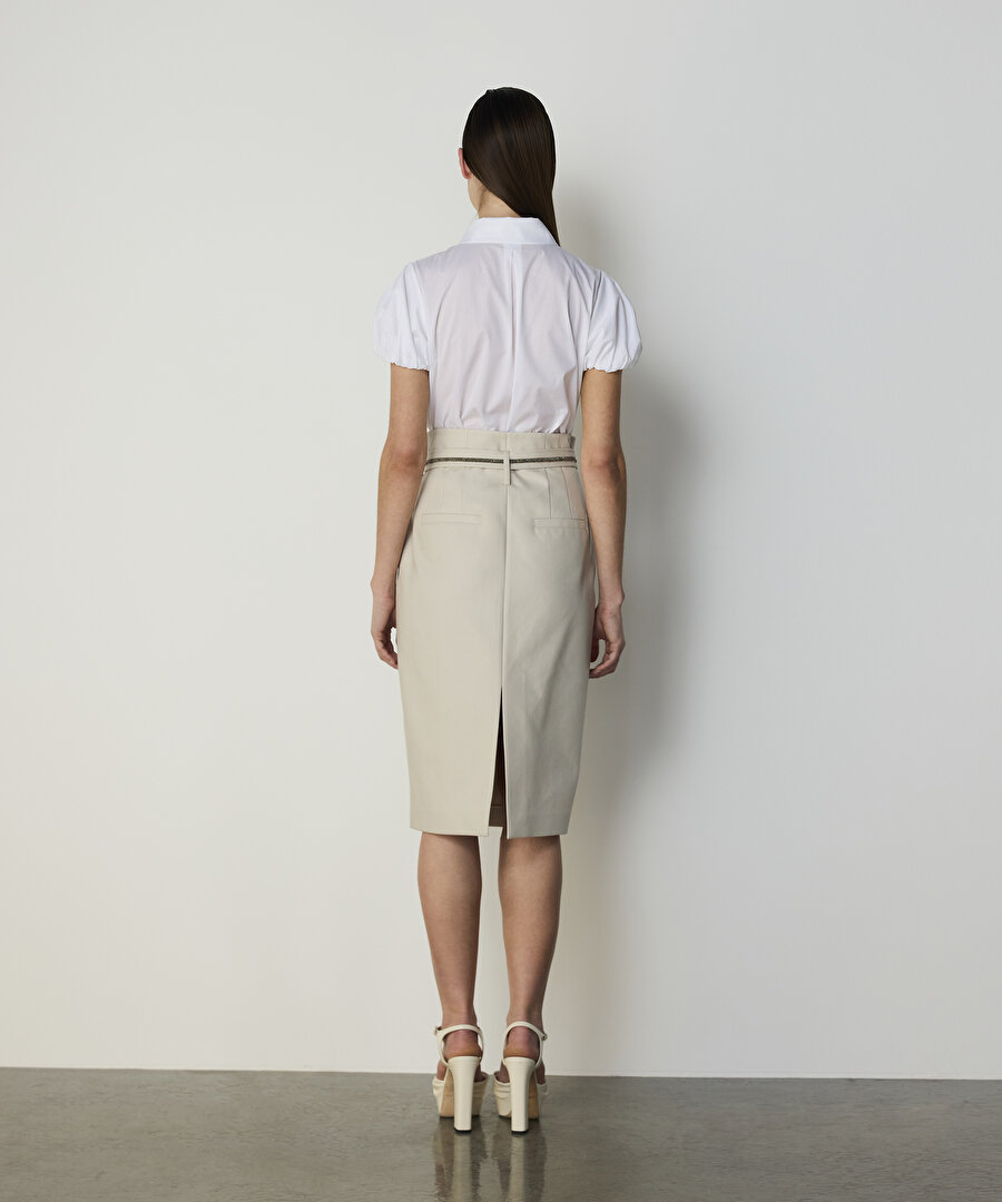 İŞLEMELİ KUŞAKLI GABARDİN ETEK