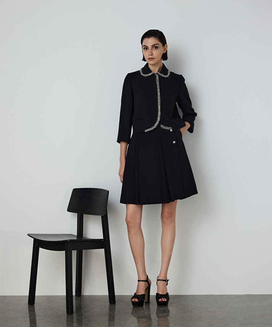 KRİSTAL TAŞ DÜĞMELİ MİDİ ETEK