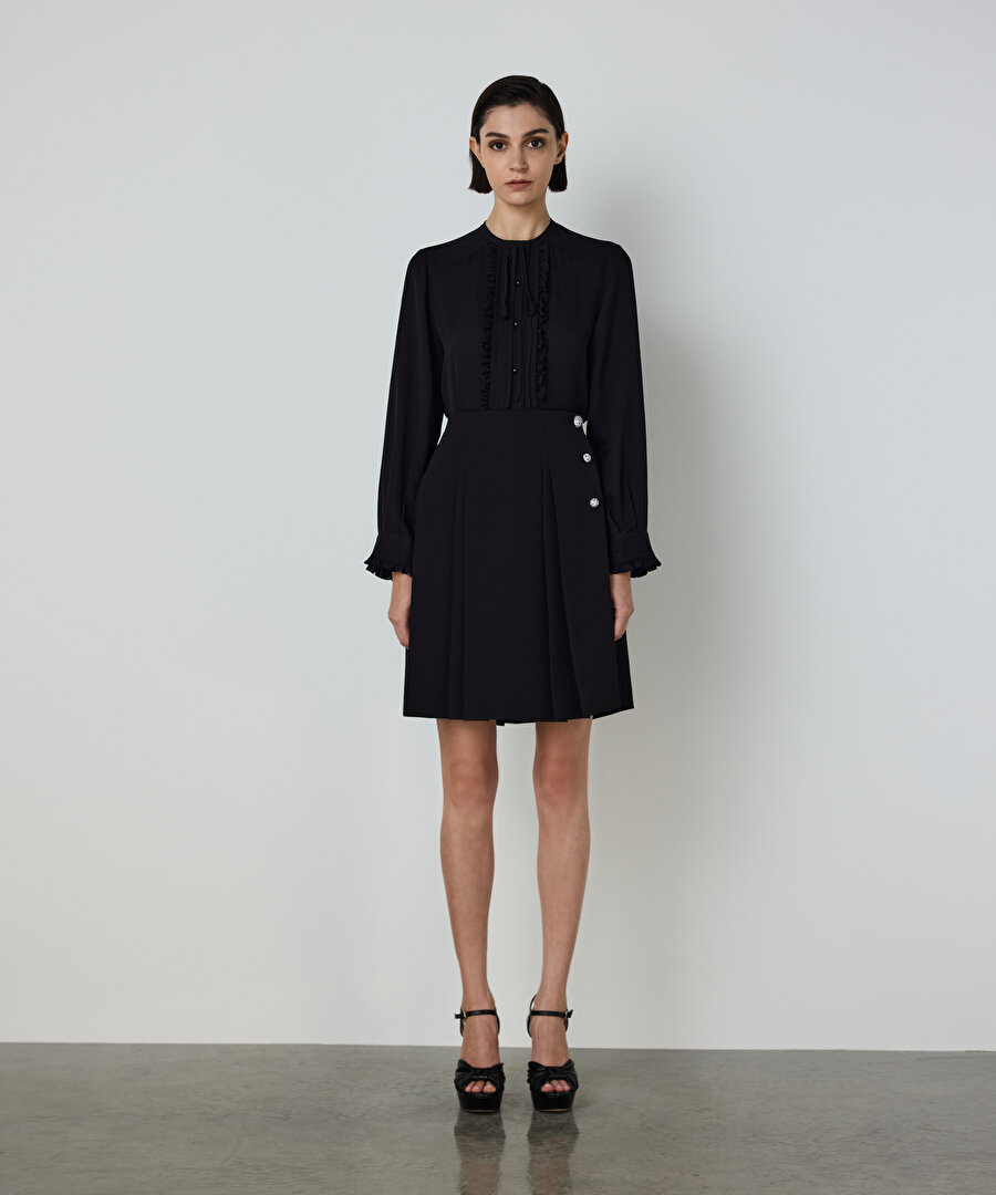 KRİSTAL TAŞ DÜĞMELİ MİDİ ETEK