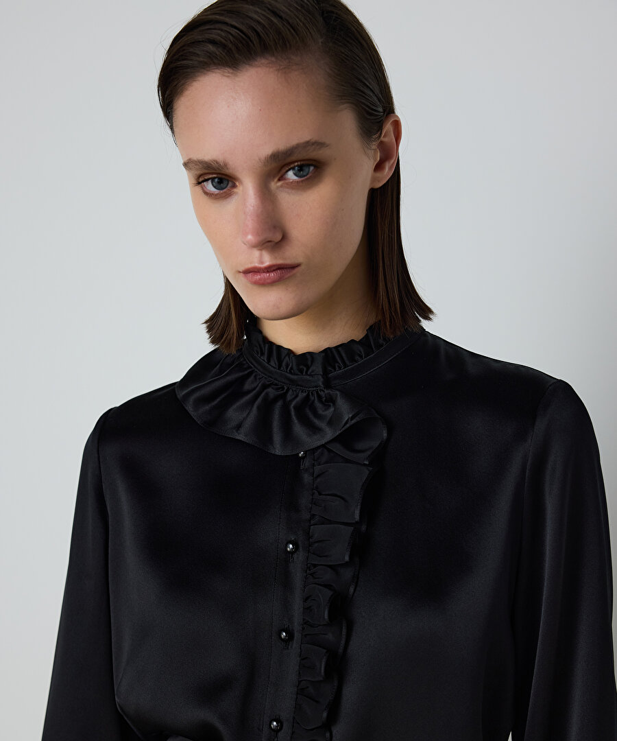 ASİMETRİK VOLANLI İPEK BLUZ