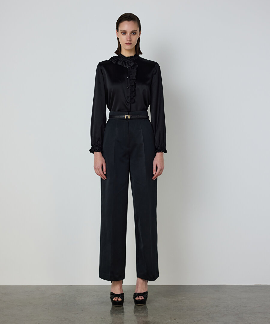 ASİMETRİK VOLANLI İPEK BLUZ