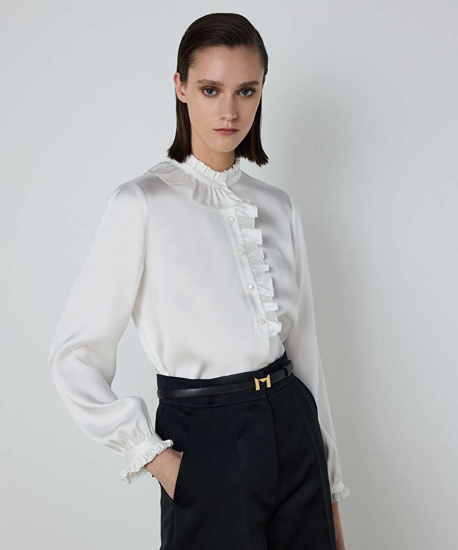 ASİMETRİK VOLANLI İPEK BLUZ