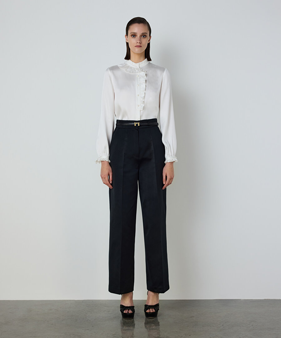 ASİMETRİK VOLANLI İPEK BLUZ