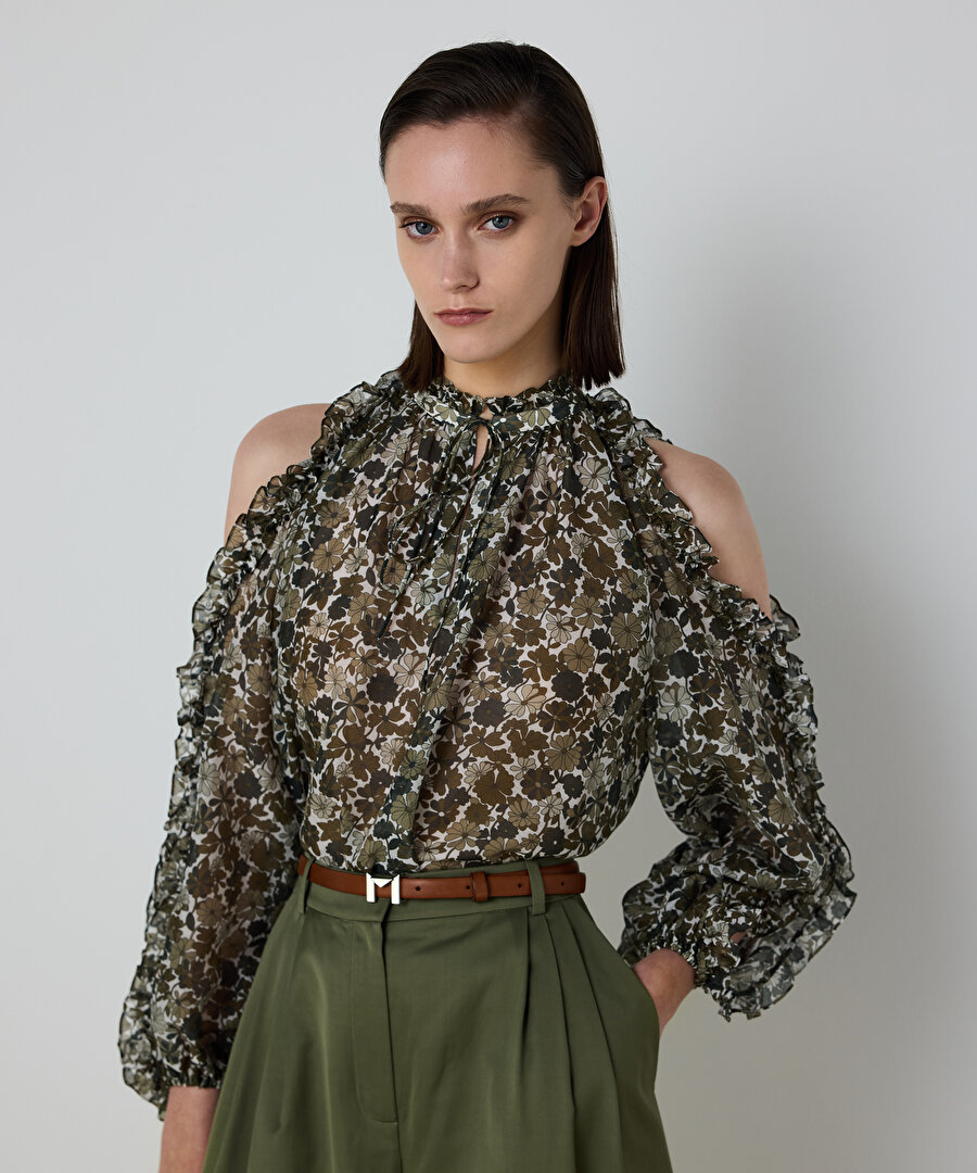 ÇİÇEK DESEN FIRFIRLI CUTOUT BLUZ