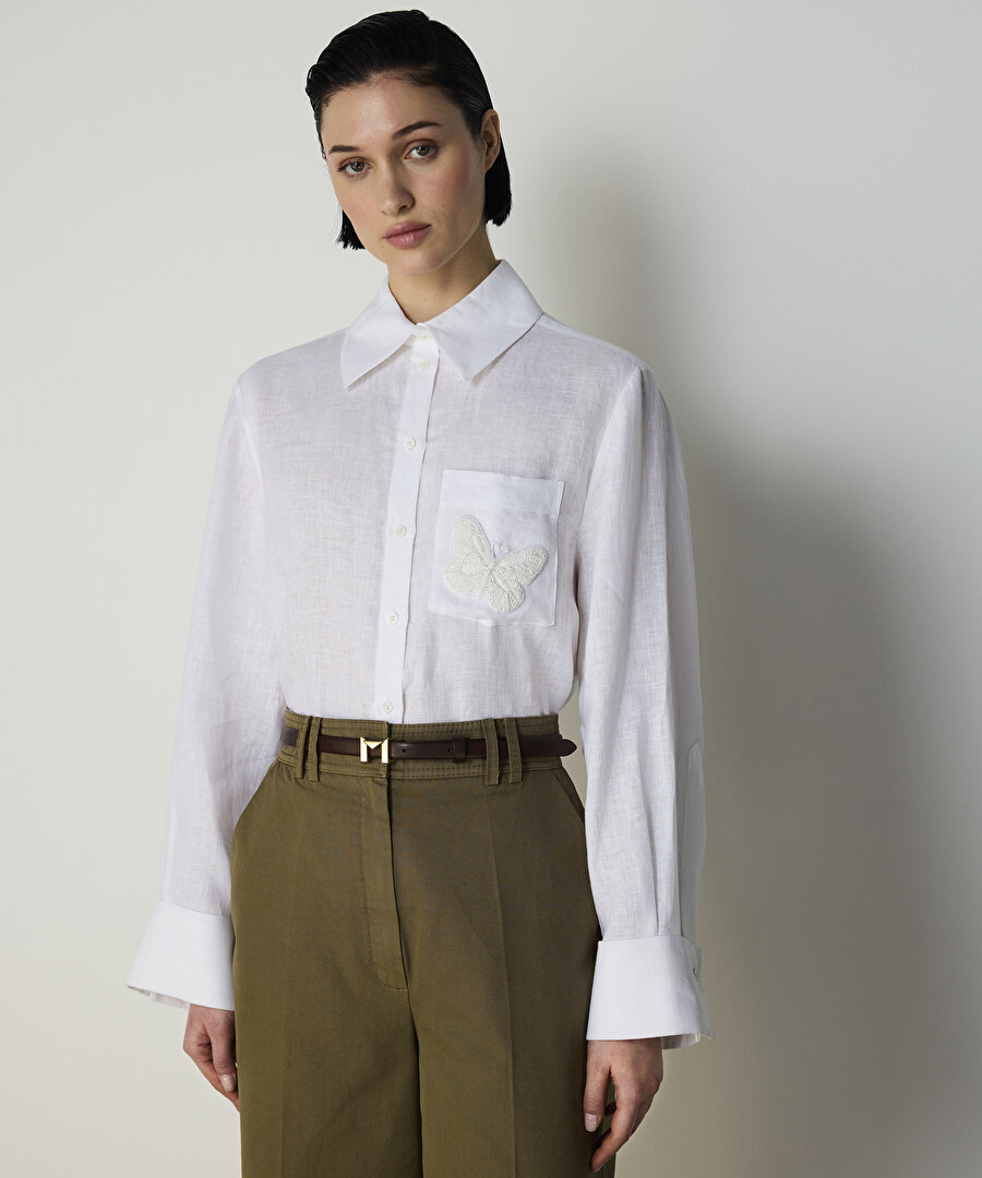 KELEBEK NAKIŞLI KETEN GÖMLEK