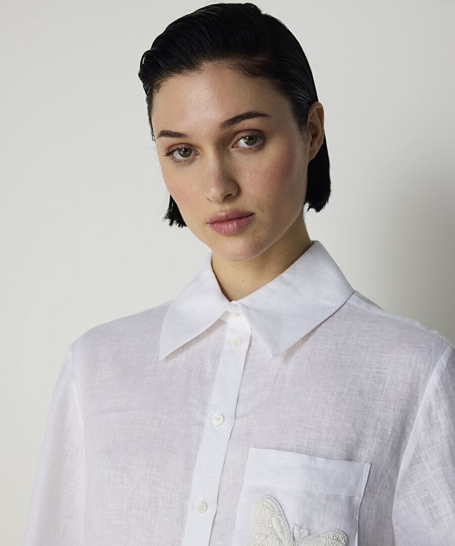 KELEBEK NAKIŞLI KETEN GÖMLEK