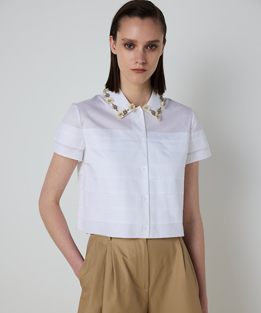 ÇİÇEK MODÜL İŞLEMELİ POPLİN GÖMLEK