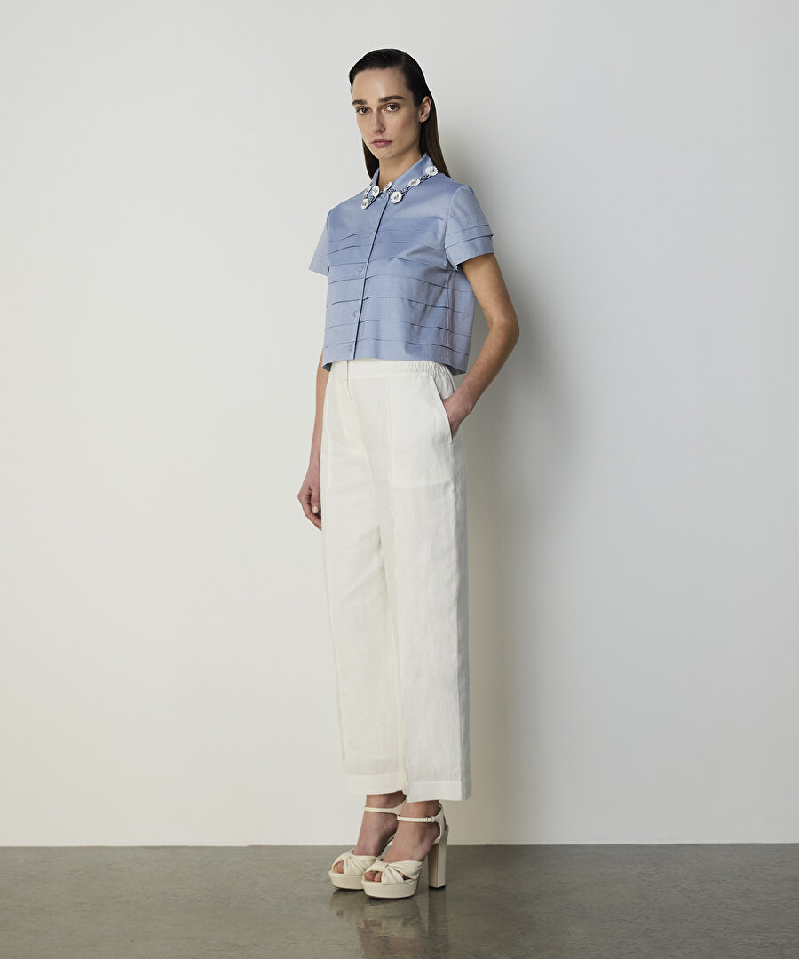 ÇİÇEK MODÜL İŞLEMELİ POPLİN GÖMLEK